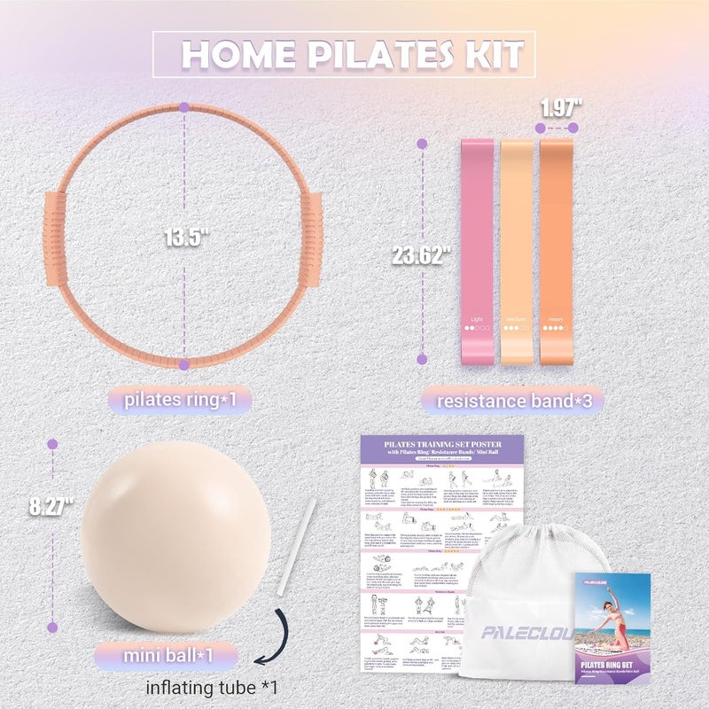 Paleclouds Pilates Essentials Kit for Women, 13.5" Pilates Ring and Ball Set with Resistance Bands for Home Workouts, Portable Pilates Kit with Bag & Training Poster for Full Body Exercise - Image 5